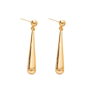 Minimalist gold teardrop earrings with a smooth polished metallic liquid-like finish