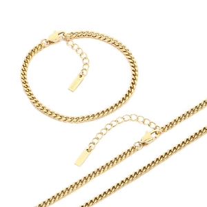 Polished gold stainless steel Cuban link necklace and bracelet set for men and women