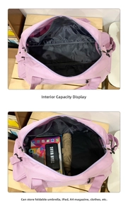 Internal capacity detail of pink travel duffel bag showing storage space