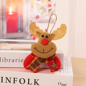 Detail of Christmas reindeer ornament with brown felt head and red green plaid scarf