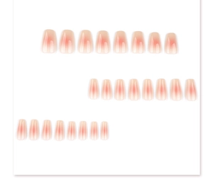 Macro shot of 24pcs nude pink gradient coffin press-on nails set arranged on white background