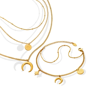 Minimalist gold multi-layer necklace and anklet set with star and moon charms