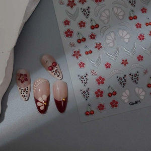 Detail of 5D red flower and cherry nail stickers with Co-571 embossed patterns