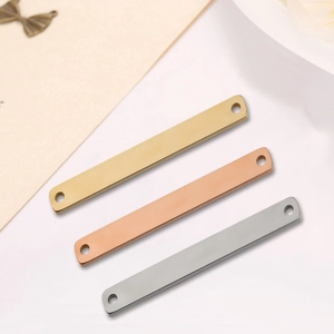 Polished stainless steel rectangular connectors in gold, rose gold, and silver finishes