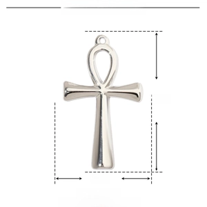 Detailed size chart of a 44x25mm silver stainless steel Ankh cross pendant