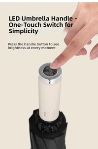 Close-up of beige automatic umbrella handle featuring built-in LED light and power button