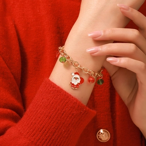Christmas Santa Claus Pendant Bracelet Alloy Red Green Glass Beads Festive Holiday Jewelry For Women