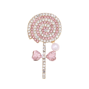 Pink and white rhinestone lollipop brooch with gold alloy base and pearl accents
