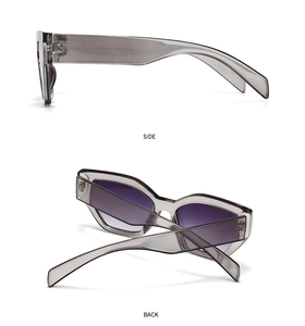 Detail view of square sunglasses showing side and back angles with model specifications