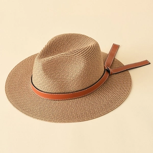 Men's classic straw fedora sun hat with brown leather band for travel and beach