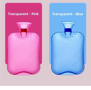 Detailed view of pink and blue PVC hot water bottles with leak-proof screw caps and non-slip texture