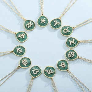 Stainless Steel 12 Zodiac Sign Necklace For Women Gold Plated Green Malachite Texture Pendant Rhinestone Jewelry Gift