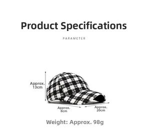 Detail view of plaid tweed baseball cap showing dimensions 13x20x8cm and weight 98g