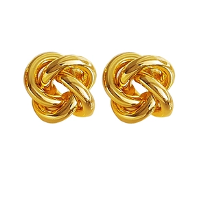 Minimalist gold knot stud earrings in a polished woven design on a clean white background