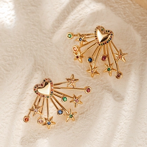 Heart Star Stud Earrings For Women Colorful Zirconia Inlaid Copper 18K Gold Plated 925 Sterling Silver Earring Post