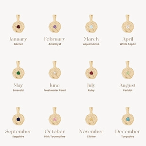 Grid display of twelve gold hammered birthstone charms for necklaces from January to December