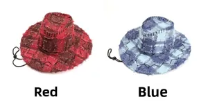 Detail of red and blue checkered cowboy hats featuring frayed edges and adjustable chin straps