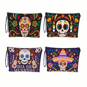 Set of four Day of the Dead makeup bags with skull prints and portable zipper closures