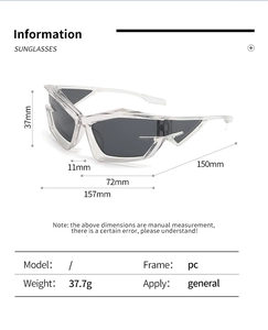 Detailed size specifications for futuristic Y2K cat-eye sunglasses with gray lenses