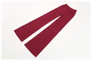 Detailed flat lay of high-waisted burgundy flared yoga pants with wide waistband
