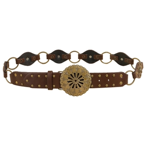 Ceinture cuir vintage avec boucle tournesol dorée et maillons métalliques sur sangle marron