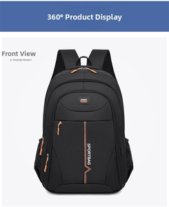 Detailed front view of black sport backpack with orange zippers and sport logo lettering