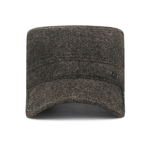 Men's winter wool cadet cap with ear flaps and thick warm lining in brown herringbone