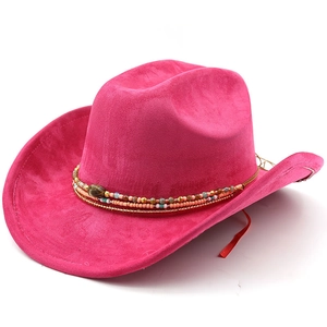 Detail of rose red suede cowboy hat with bohemian multi-color beads and tiger eye stone