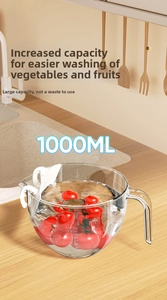Close-up of a 1000ml transparent kitchen colander bowl with scale marks and white filter