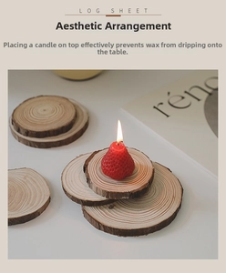 Macro view of round natural wood slice base with tree bark texture for candle tray