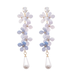 Elegant floral tassel earrings with blue gradient petals and teardrop pearl drops