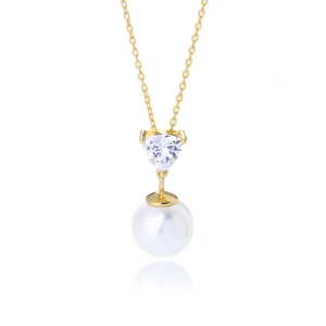 Elegant s925 silver necklace with heart-shaped zircon, white pearl, and gold chain