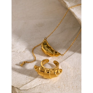 18k gold plated stainless steel croissant necklace and adjustable open ring jewelry set
