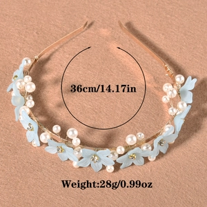 Floral pearl headband detail with blue fabric flowers and size markings: 36cm and 28g