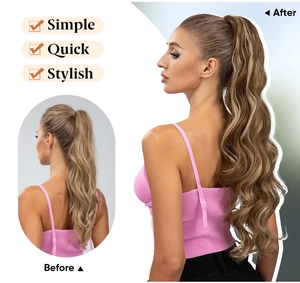 Detail view of long wavy ponytail extension showing volume increase before and after