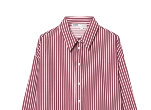 Close-up of burgundy and white striped poplin shirt collar with brand size tag