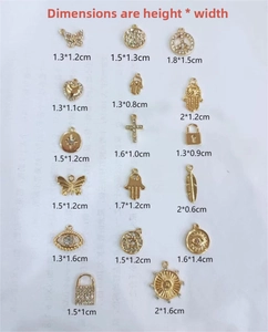 Size chart for zinc alloy charms including butterfly, heart, and evil eye for DIY jewelry