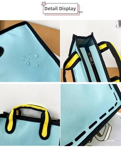 Close-up of 2D comic style tote bag showing waterproof fabric and stitching details