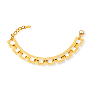 Polished gold plated stainless steel bracelet with geometric rectangular hollow links