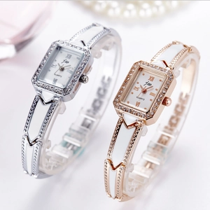 Women Quartz Watch Rectangular Rhinestone Alloy Case Enamel Splice Link Bracelet Strap Roman Numerals Fashion Elegant