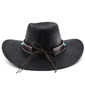 Chapeau de cowboy vintage en cuir craquelé noir avec perles turquoise et bandeau brun