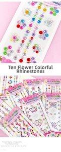 Detail of colorful acrylic rhinestone DIY stickers featuring flower and heart shapes