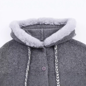 Grey hooded knit cardigan with faux fur collar and woven drawstrings for women