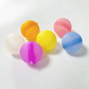 Reusable silicone water balloons in six vibrant colors with realistic water droplets on surface