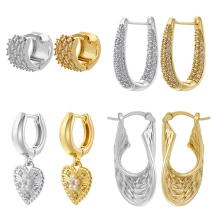Vintage Huggie Hoop Earrings Brass 18K Gold Plated Heart Artificial Pearl Micro Pave Zircon Geometric Jewelry For Women
