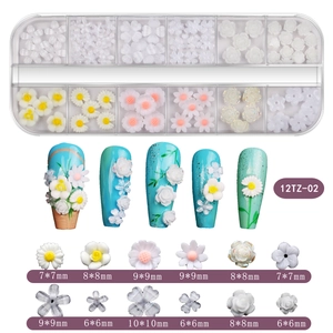 Nail art flower charms set with colorful 3D resin floral rhinestones in 12-grid storage box