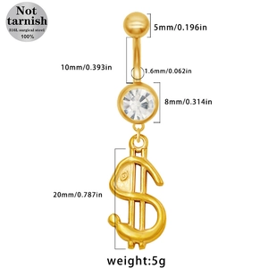 Tableau des tailles du piercing de nombril en acier 316L avec pendentif dollar doré