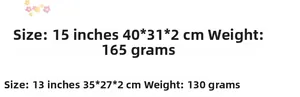 Size chart for 13-inch and 15-inch laptop sleeves with dimensions and weight details