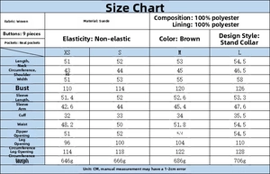 Detailed size guide and measurements chart for the brown faux suede stand collar jacket