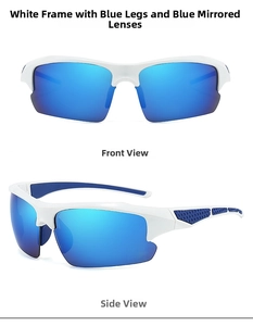 White semi-rimless cycling sunglasses with blue mirror lenses from front and side angles